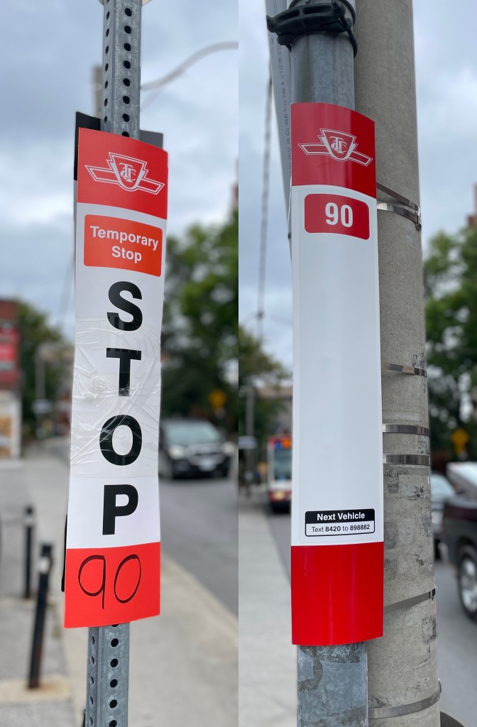 Temporary stop at left; later photo at right shows allegedly permanent stop