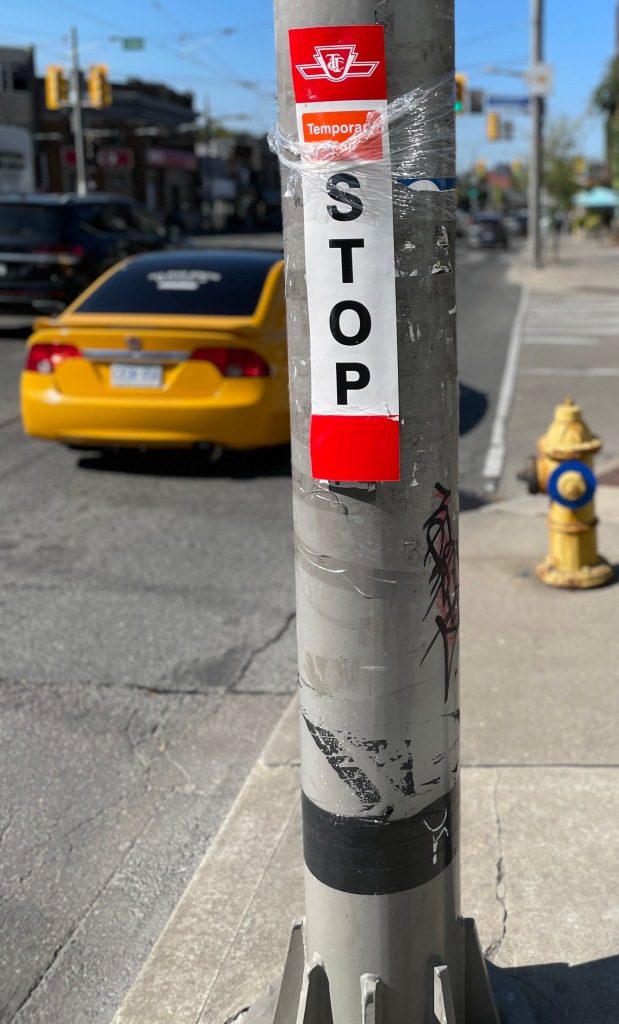 Temporary stop taped onto pole